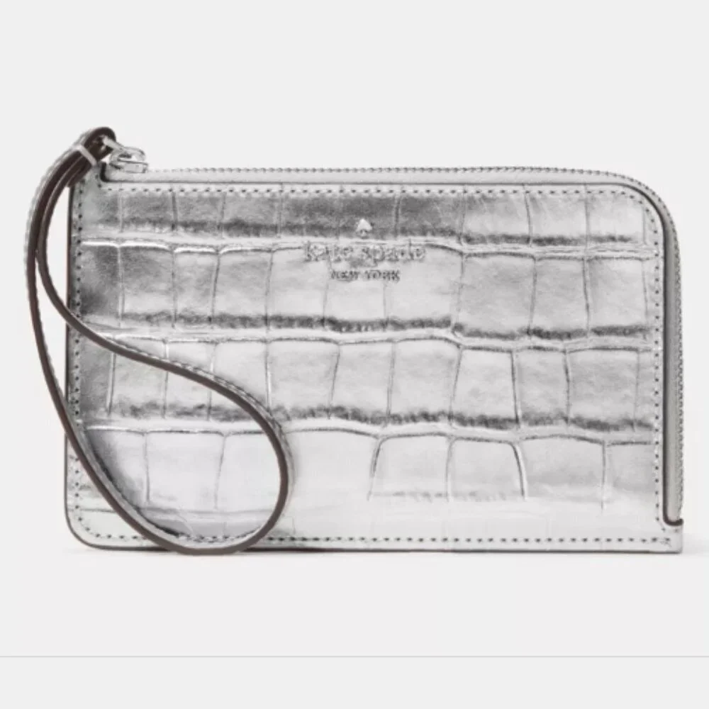 Kate Spade Lucy Croc Embossed Small L‑Zip Card Holder Wristlet – Silver – NWT